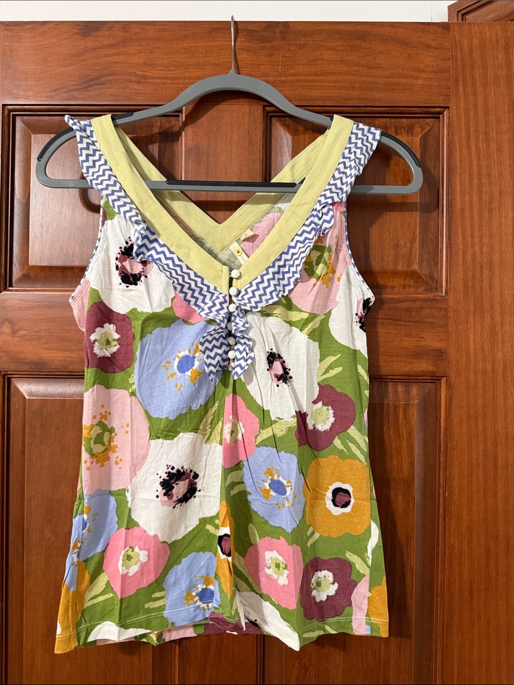 Anthropologie Multicolor Floral Sleeveless V-Neck Tank with Chevron Tie